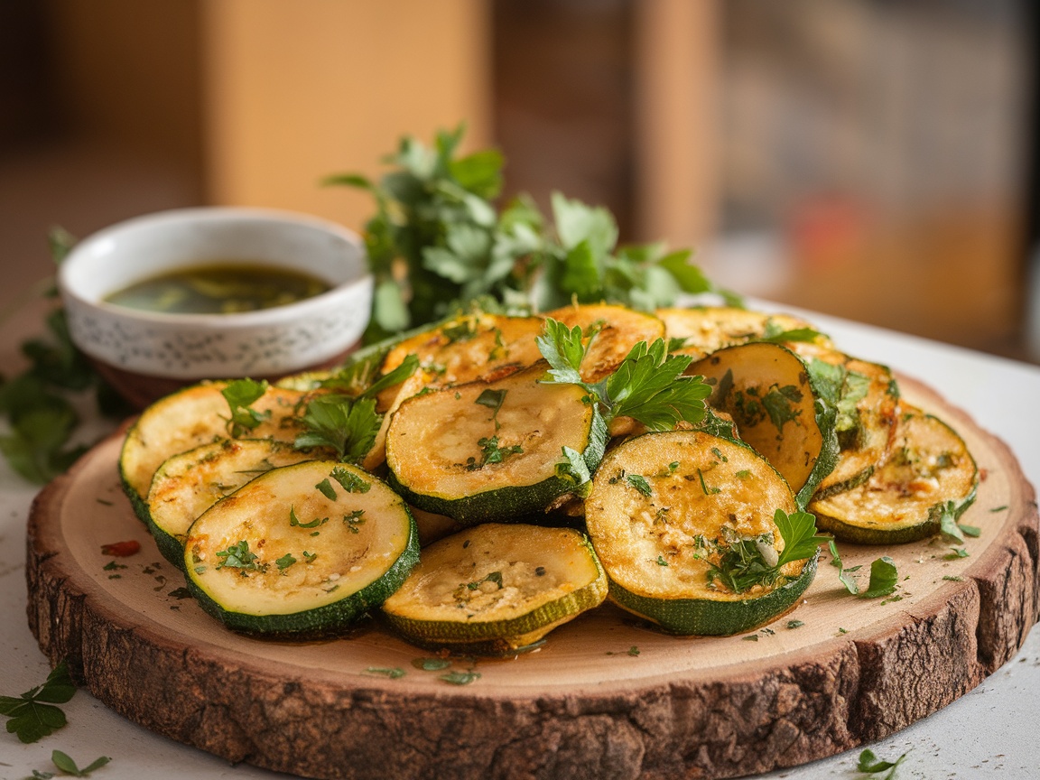 A colorful dish of marinated zucchini alla scapece, featuring fried zucchini slices, garlic, and parsley on a rustic wooden table.